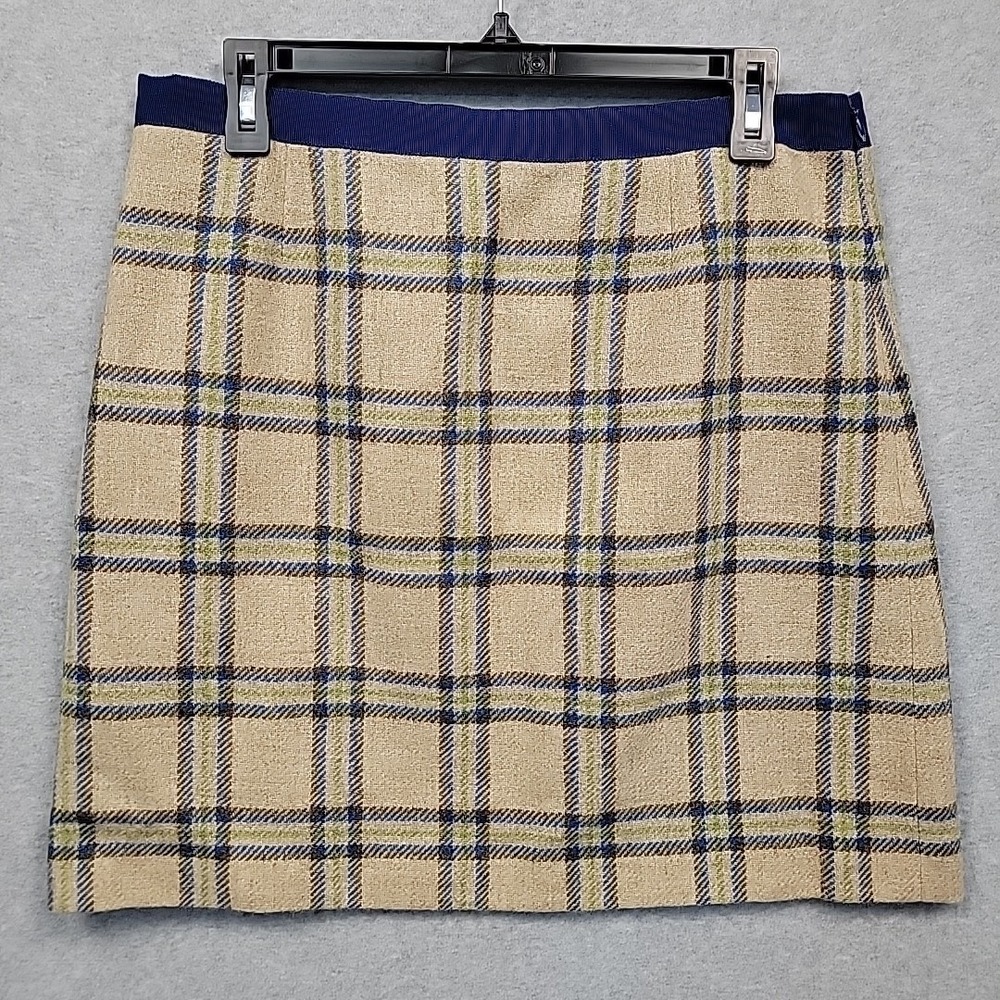 BODEN British Tweed By Moon Womens US 10 Mini Skirt Tan Lime Blue Plaid‎ Lined